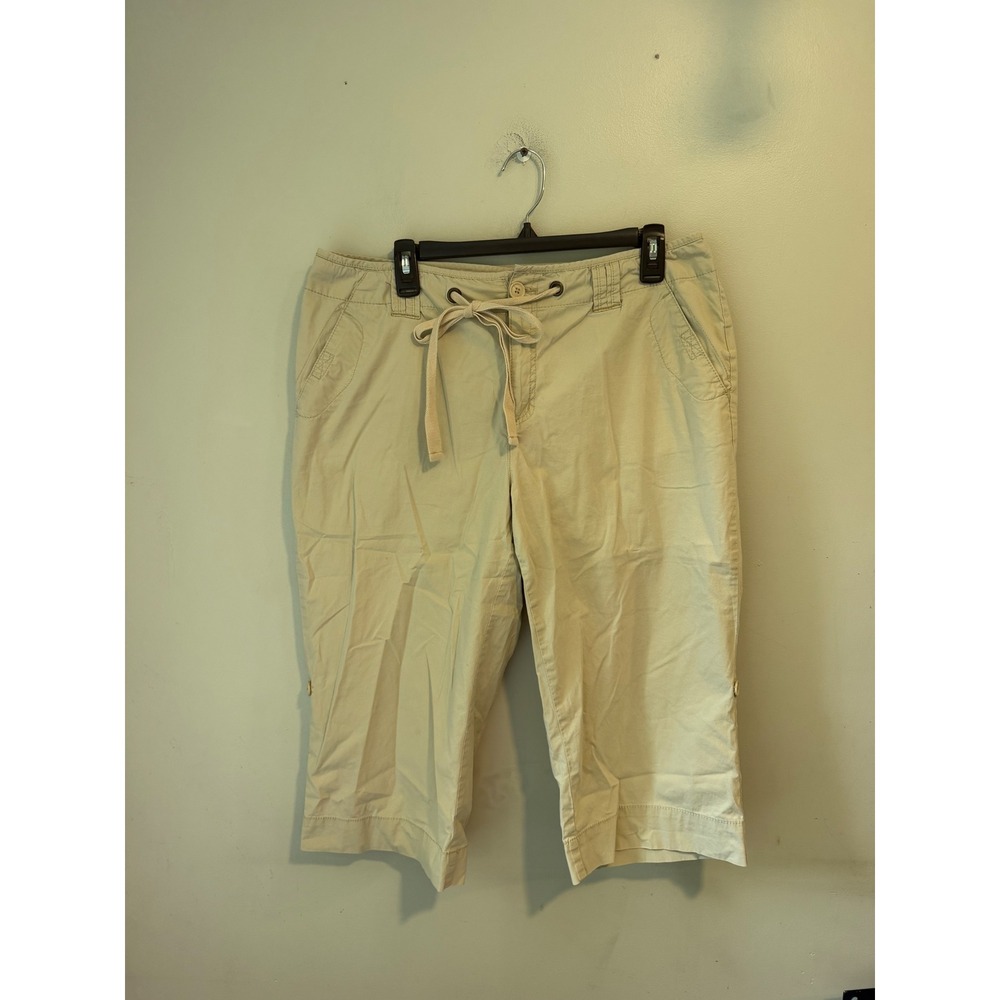 St. Johns Bay Womens Khaki Stretch Capri Pants Drawstring Waist Size 16